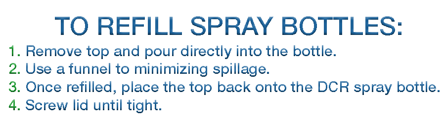Remove Top and pour directly into the bottle. Use a funnel to minimize spillage. Once Refilled place the top back onto the DCR spray bottle. Screw lid until tight. 