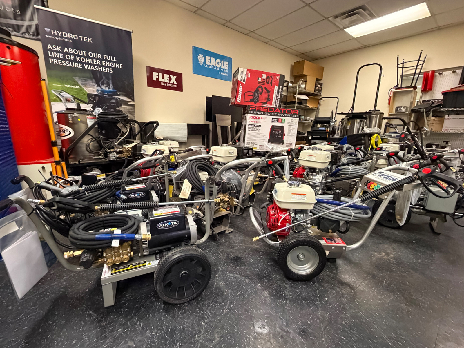 Commercial pressure washers on display in the Glendale store